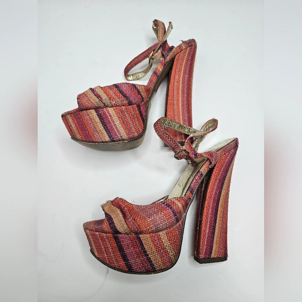 Liliana Multicolor 70s Inspires Stripe Strappy Platform Heels Sandals Women S 7
